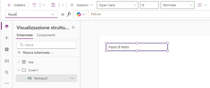 Screenshot della proprietà Reset.