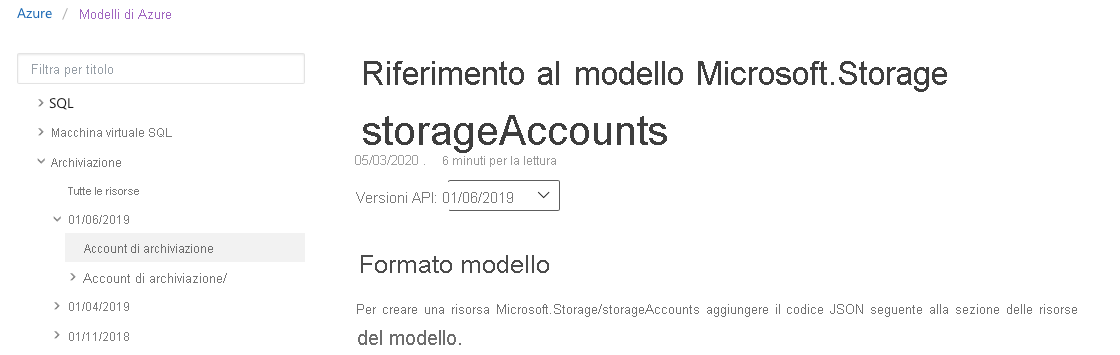 Screenshot di una pagina della documentazione Microsoft che mostra la documentazione dell'account di archiviazione selezionata.