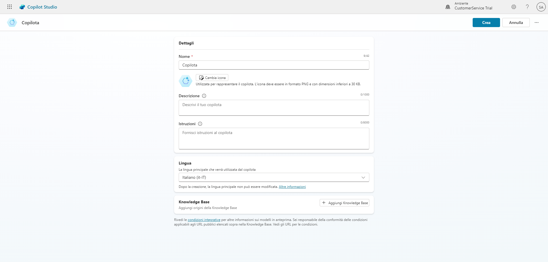 Screenshot del riquadro Dettagli nel portale di Copilot Studio.
