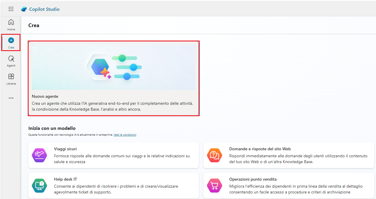 Screenshot di Crea nel portale di Copilot Studio.