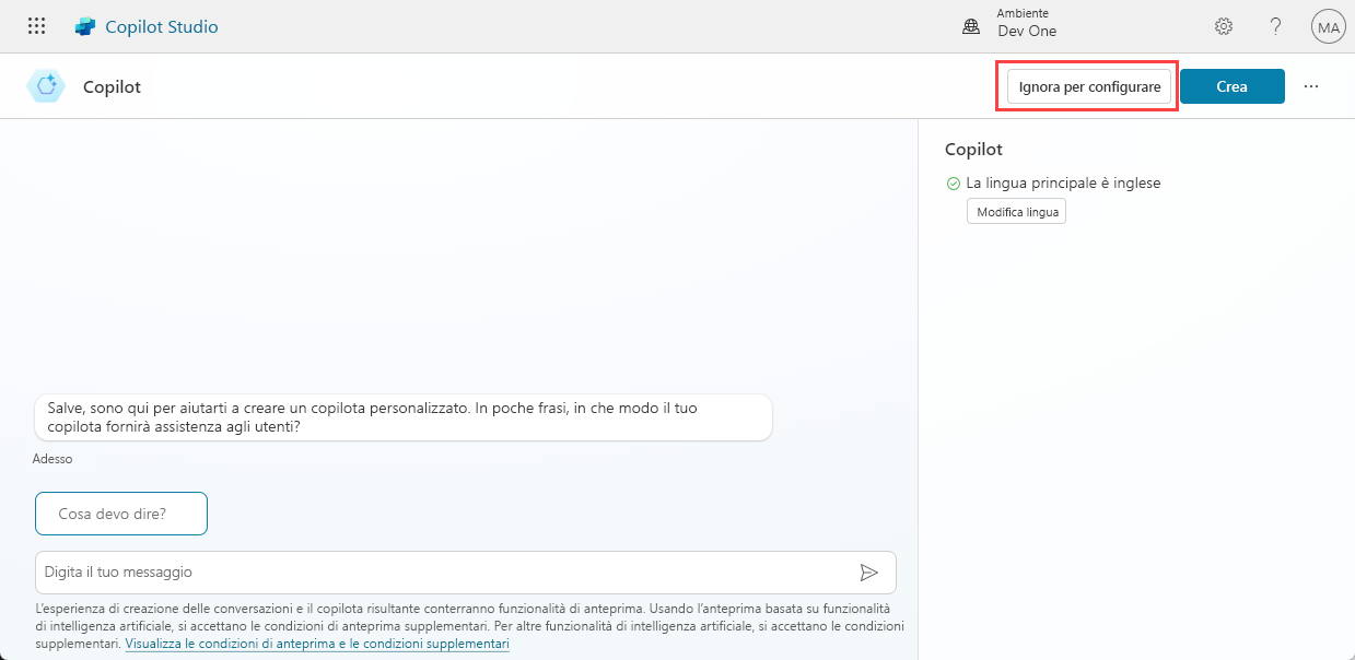 Screenshot di Crea con una richiesta nel portale di Copilot Studio.