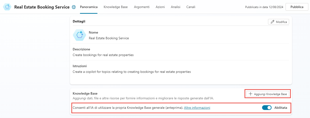 Screenshot della conoscenza generale abilitata.