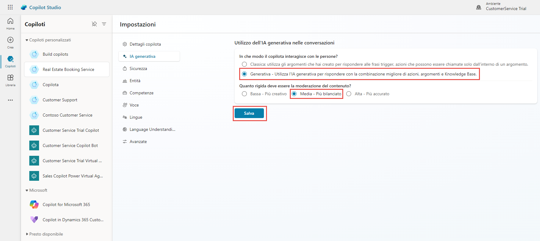 Screenshot del riquadro IA generativa nelle impostazioni di Copilot Studio.