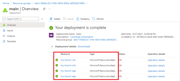 Screenshot of the Azure portal that shows the deployment details for the main deployment.