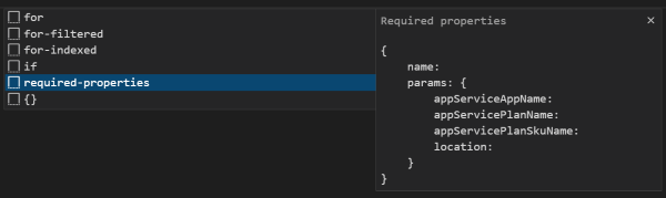 Screenshot of Visual Studio Code that shows the option to scaffold a module with its required properties.