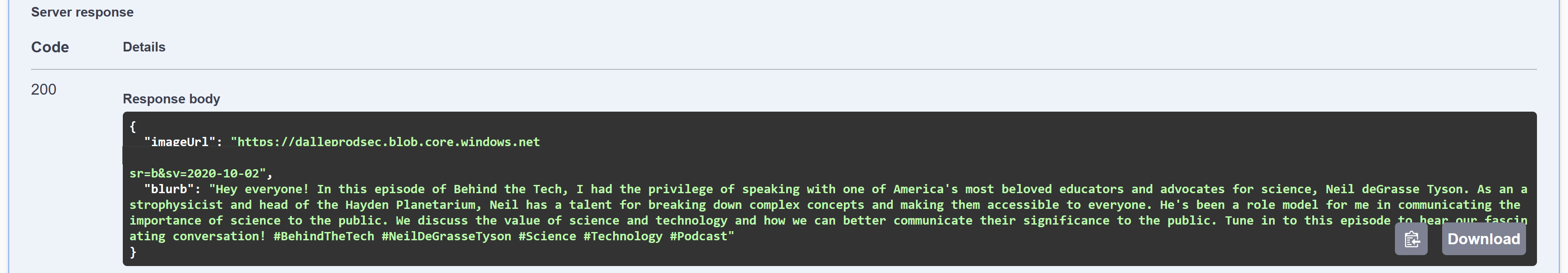 Screenshot della risposta dall'operazione API.
