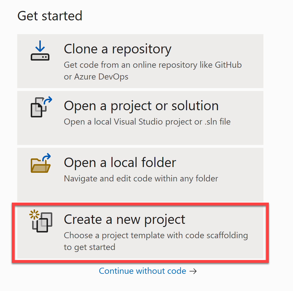 Screenshot dell'opzione Crea un nuovo progetto in Visual Studio.