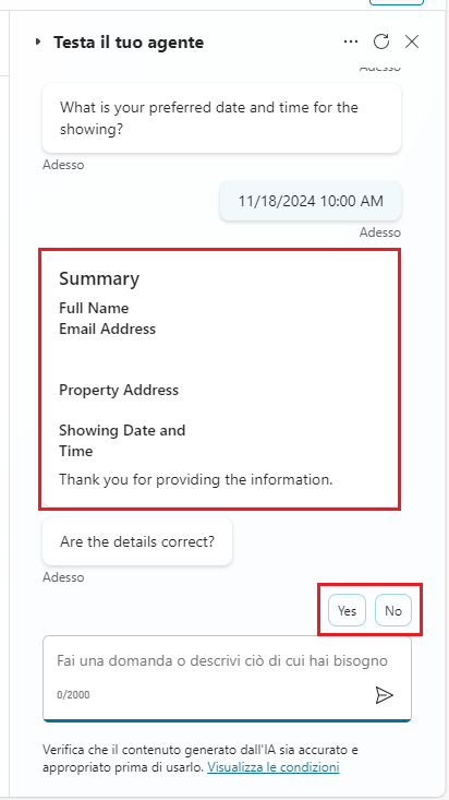 Screenshot della scheda adattiva con le informazioni immesse.