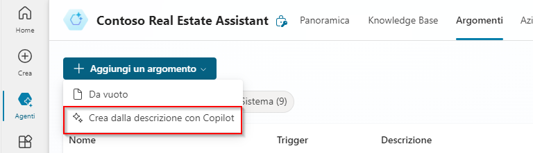 Screenshot della creazione di un argomento da una descrizione con il copilota.