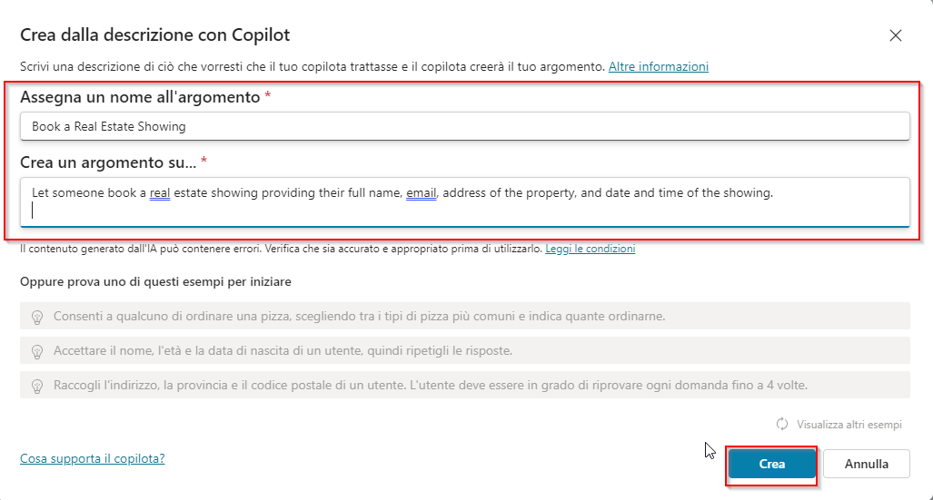 Screenshot della finestra di creazione dell'argomento.
