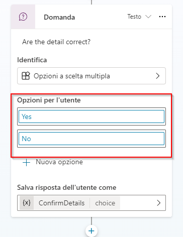 Screenshot del nodo domanda a scelta multipla.