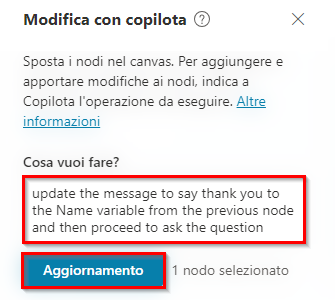 Screenshot dell'aggiornamento di un nodo domanda con il copilota.