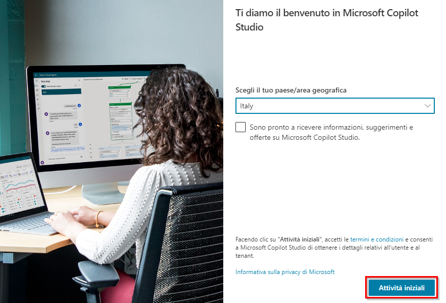 Screenshot della finestra di dialogo di benvenuto alla versione di valutazione di Microsoft Copilot Studio.