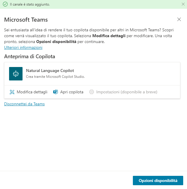 Screenshot della finestra di dialogo del canale di Teams.
