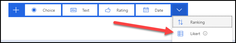 Screenshot del menu a discesa che mostra Classificazione e Likert, con una freccia che indica il tipo di domanda Likert.