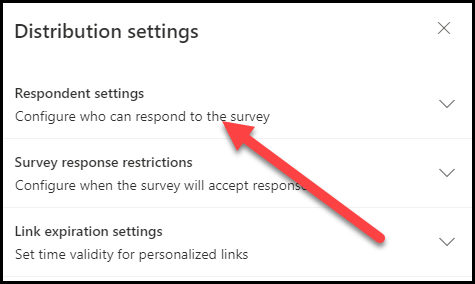 Screenshot della finestra di dialogo Impostazioni di distribuzione con una freccia che indica Impostazioni intervistati: Configura chi può rispondere al sondaggio.