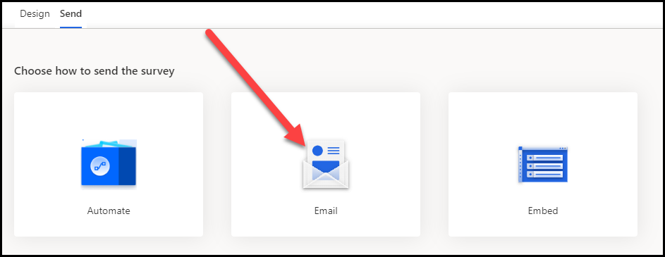 Screenshot della scheda Invia che mostra la sezione Scegli come inviare il sondaggio con una freccia che indica E-mail.