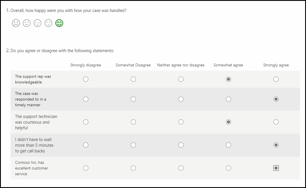 Screenshot del modulo del sondaggio con valori selezionati per le prime due domande.