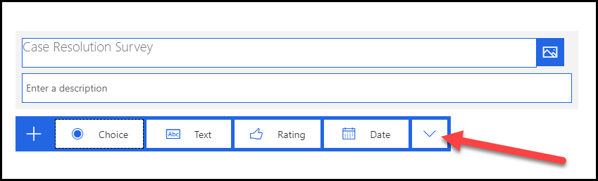 Screenshot del menu a discesa Altro accanto ai tipi di domande comuni Scelta, Testo, Valutazione e Data.