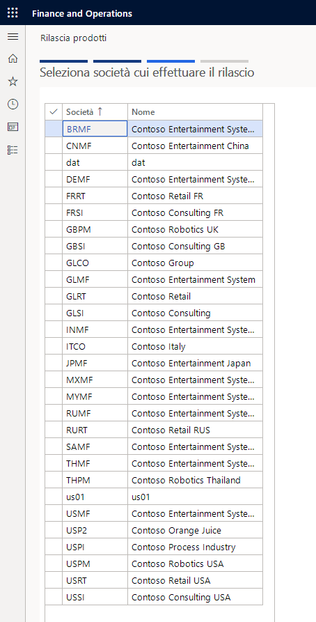 Screenshot dell'elenco Seleziona società cui effettuare il rilascio.