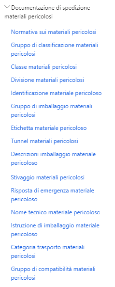 Screenshot delle opzioni relative ai materiali pericolosi.