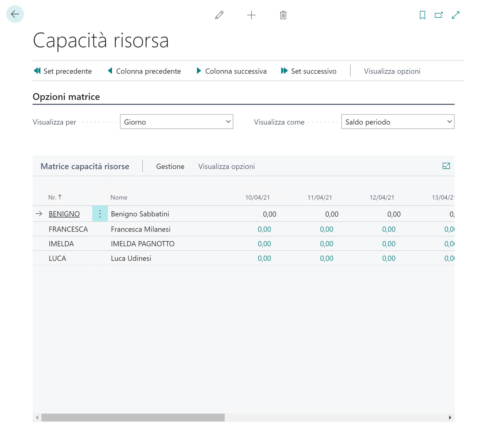 Screenshot della pagina Capacità risorsa.