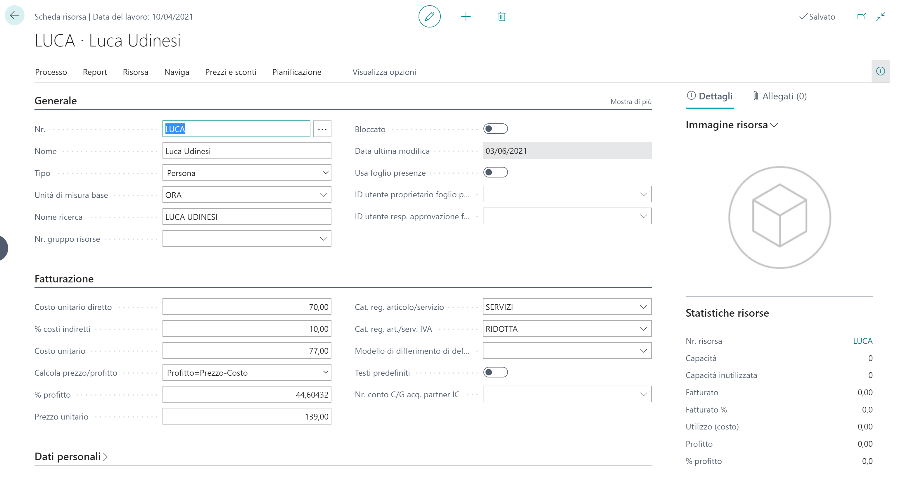 Screenshot della pagina Scheda risorsa con i dettagli inseriti.