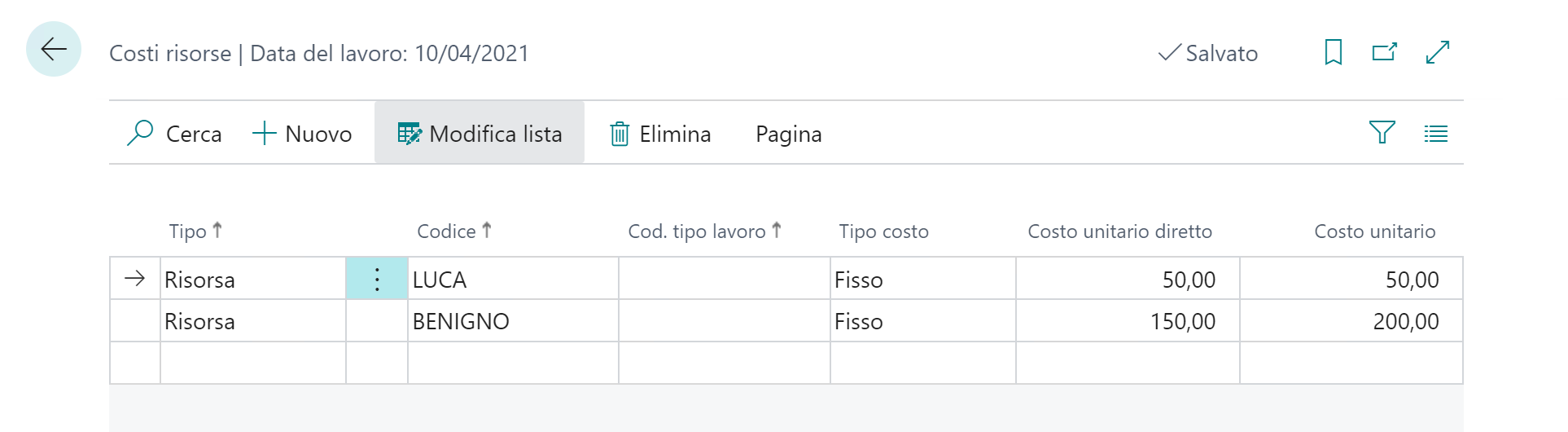 Screenshot dei costi delle risorse elencati.