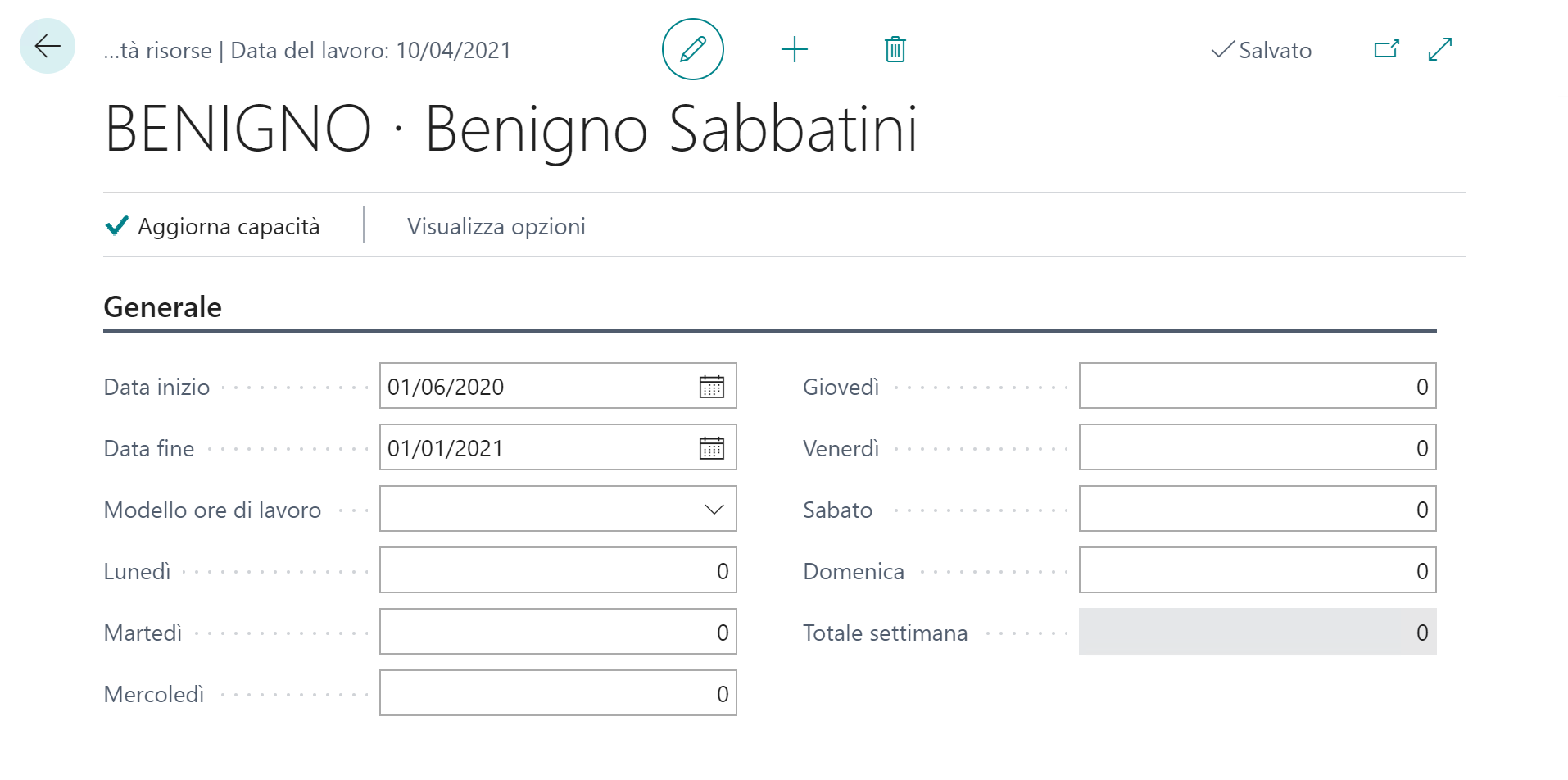 Screenshot di Impostazioni capacità risorsa.