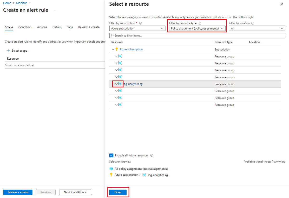 Screenshot che mostra l'aggiunta di un avviso di monitoraggio per una risorsa di Azure.