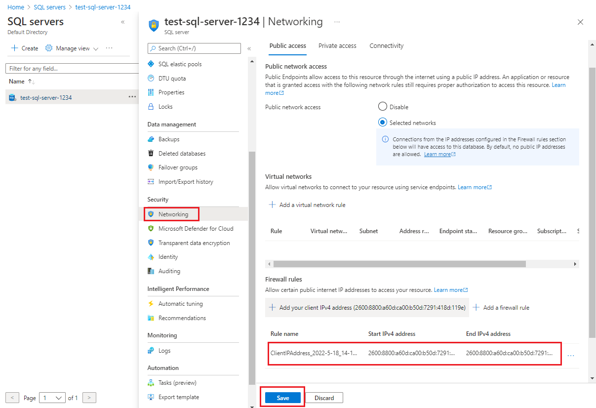Screenshot che mostra il riquadro Firewall e reti virtuali.