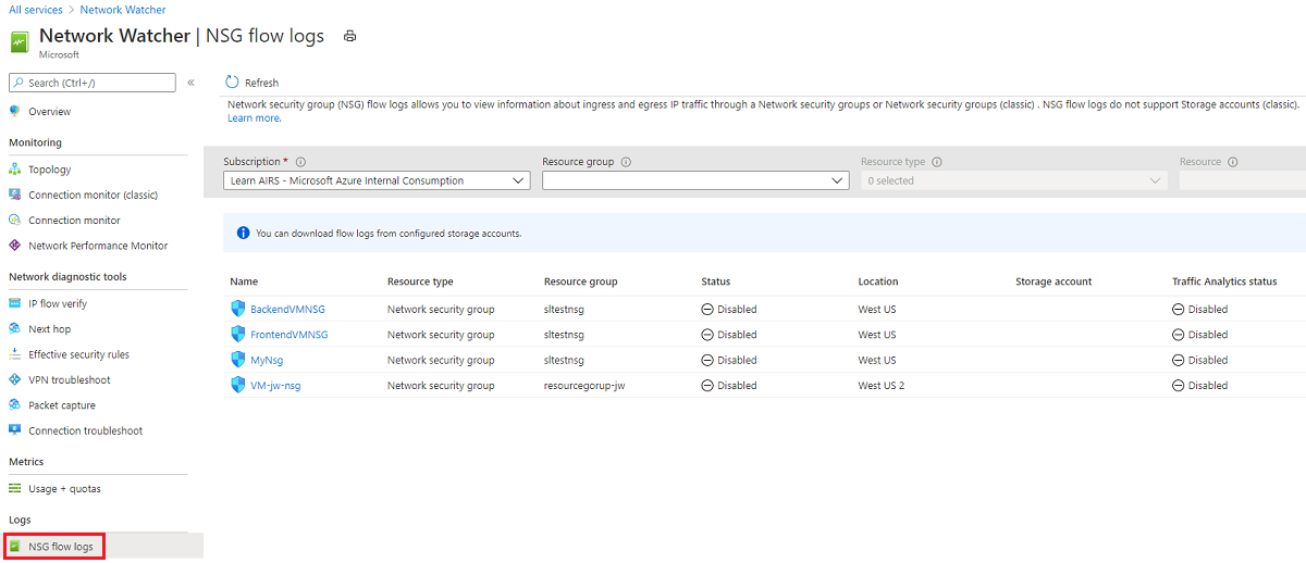 Screenshot che mostra il riquadro del log dei flussi del gruppo di sicurezza di rete.