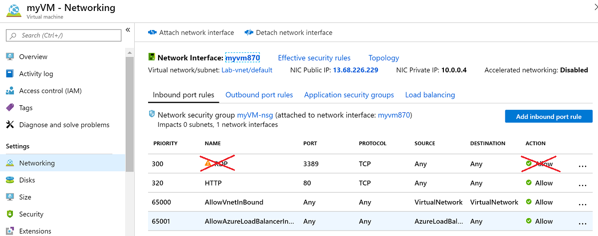 Screenshot del riquadro impostazioni Rete macchina virtuale.