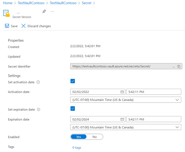 Screenshot that shows how to set an expiration date on a key vault secret.