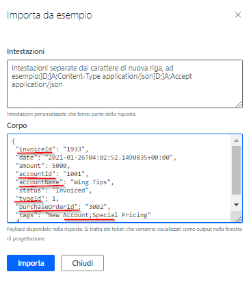 Screenshot della finestra per l'importazione della risposta predefinita.