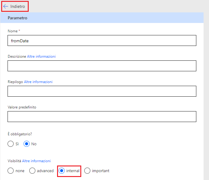 Screenshot con l'opzione Visibilità impostata su interna.