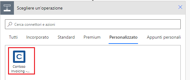 Screenshot con una freccia che punta al trigger del connettore personalizzato.