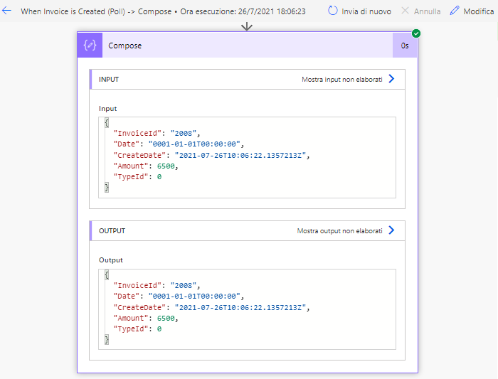 Screenshot degli output dell'azione Componi.