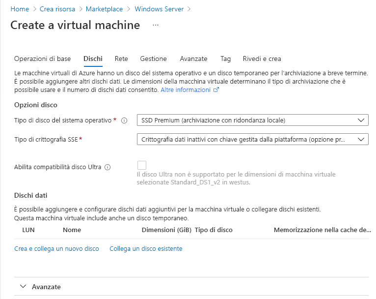 Screenshot che mostra la sezione di configurazione dei dischi per la macchina virtuale.