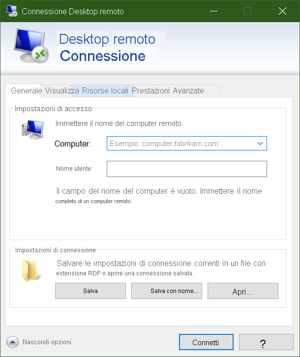 Screenshot dell'interfaccia utente del client Remote Desktop Protocol.