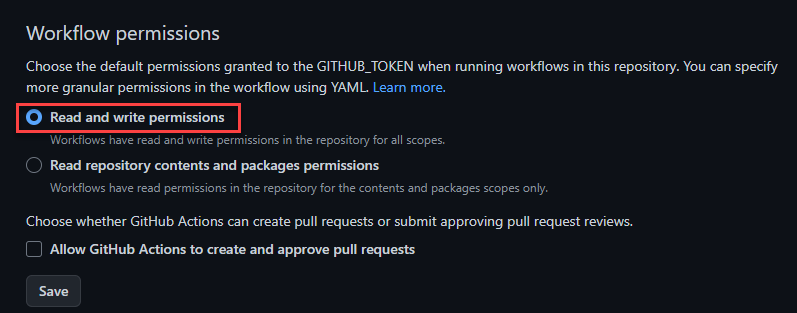 Screenshot che mostra la sezione Workflow permissions.