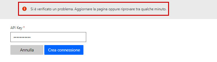 Screenshot del messaggio di errore relativo alla connessione.