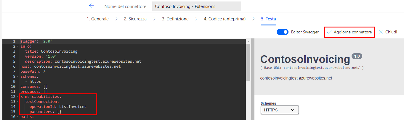 Screenshot con una freccia che punta al pulsante Aggiorna connettore.