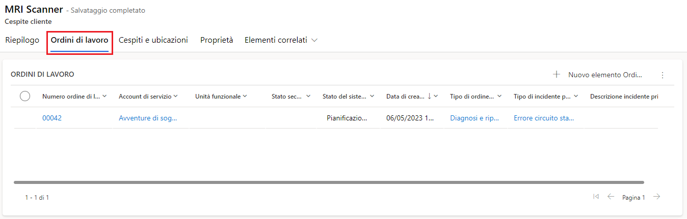 Screenshot della sezione Ordini di lavoro correlati del cespite cliente.