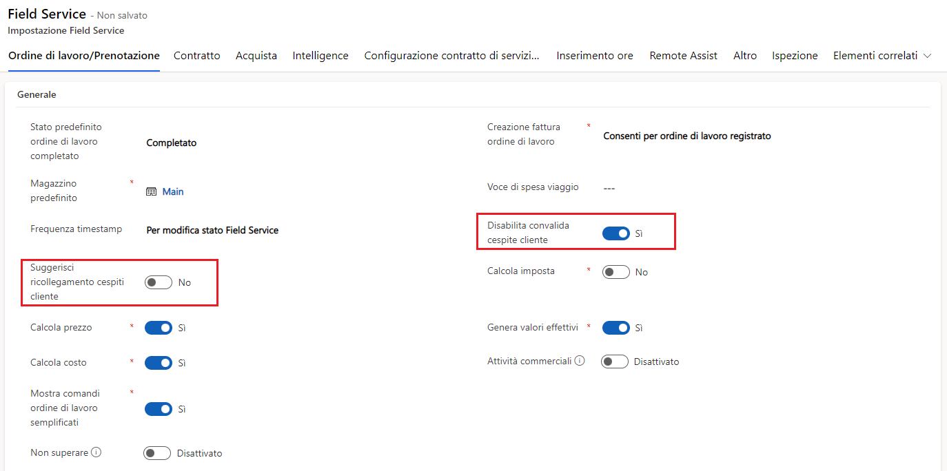Screenshot dell'opzione Disabilita convalida cespite cliente.