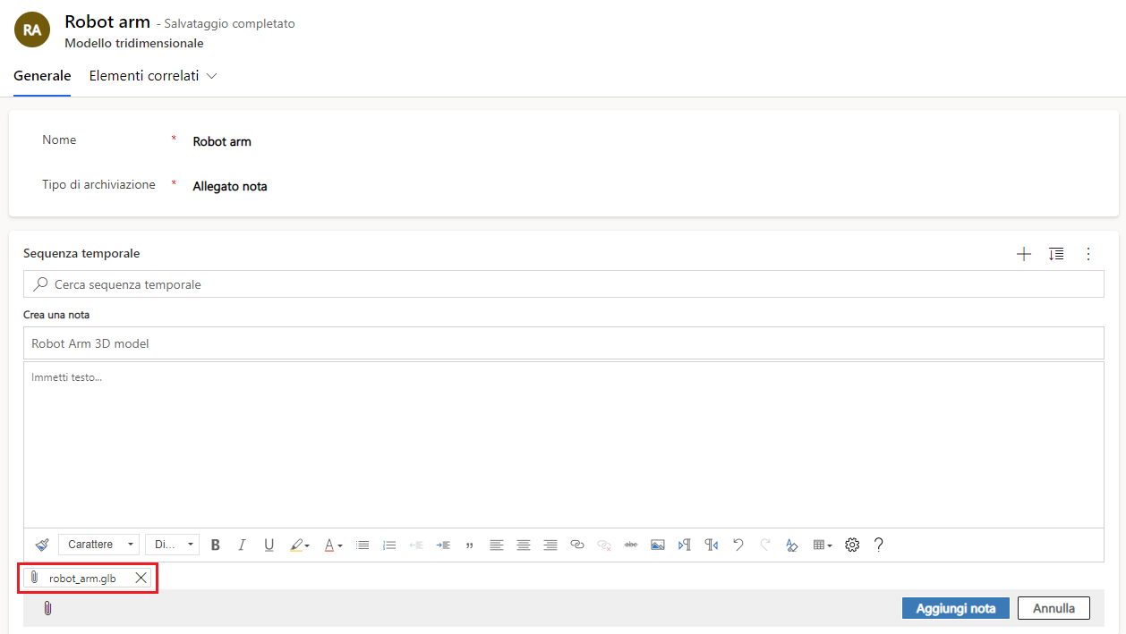Screenshot del file del modello tridimensionale aggiunto come nota.