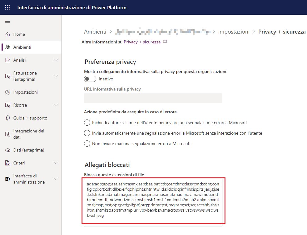 Screenshot della sezione Privacy + sicurezza per l'ambiente.