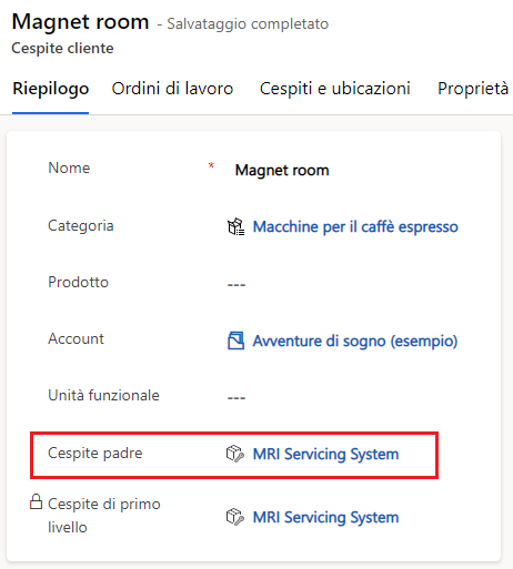 Screenshot del campo Cespite padre in un modulo Cespite cliente.