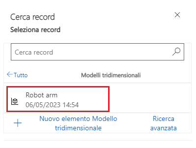 Screenshot che mostra il modulo Ricerca record nel modello 3D.