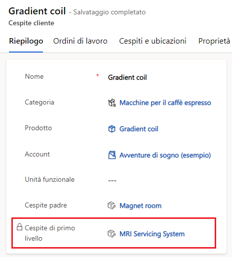 Screenshot che mostra la voce Cespite di primo livello.